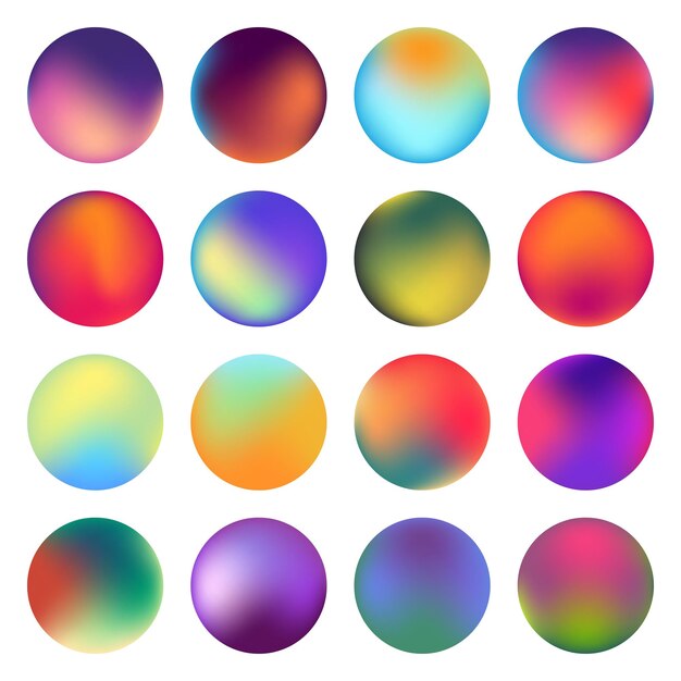 Rounded holographic gradient sphere button Multicolor fluid circle soft round flat vector set