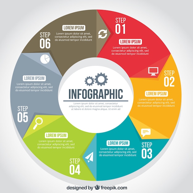 Free vector rounded infographic with six colored steps