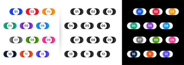 Free vector rounded style numbered bullet points from one to twelve