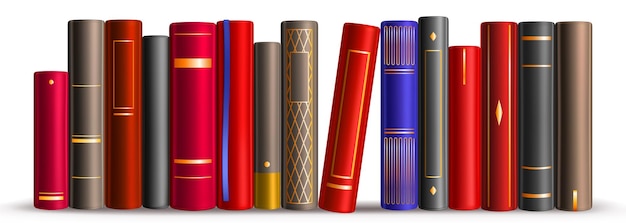 Row of books on shelf in library, store, school or home. Vector realistic illustration of literature stack in vintage cover with golden decor, bookshelf isolated on white background