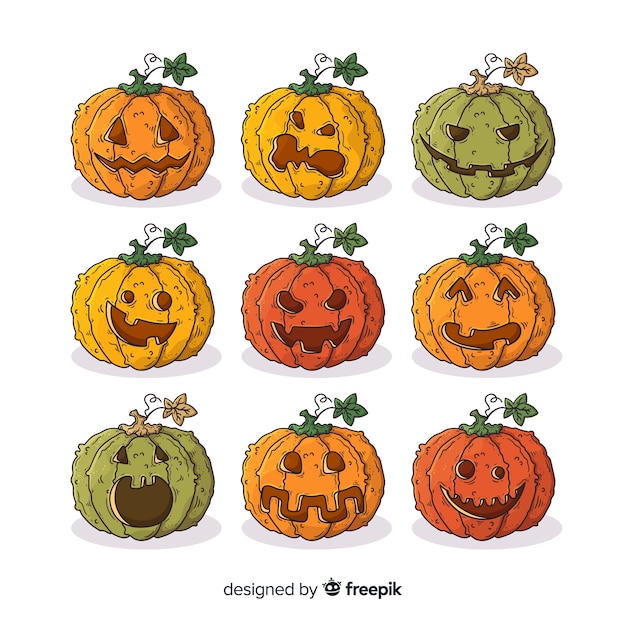 Vettore gratuito righe e colonne della raccolta disegnata a mano della zucca di halloween