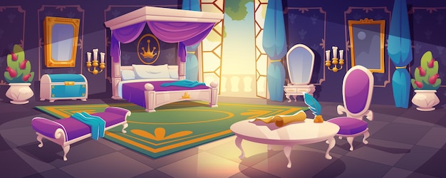 Бесплатное векторное изображение Интерьер королевской спальни с королем или королевой, роскошный номер