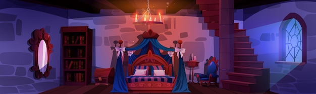 無料ベクター ヴィンテージ家具を備えた王室の寝室のインテリア青い天蓋と石の壁の宝箱に弓の本棚の鏡で飾られた中世の城の部屋の大きな木製ベッドのベクトル漫画イラスト