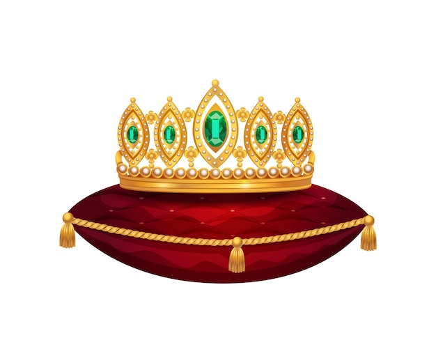 Royal golden crown composition with isolated image of crown on red velvet pillow