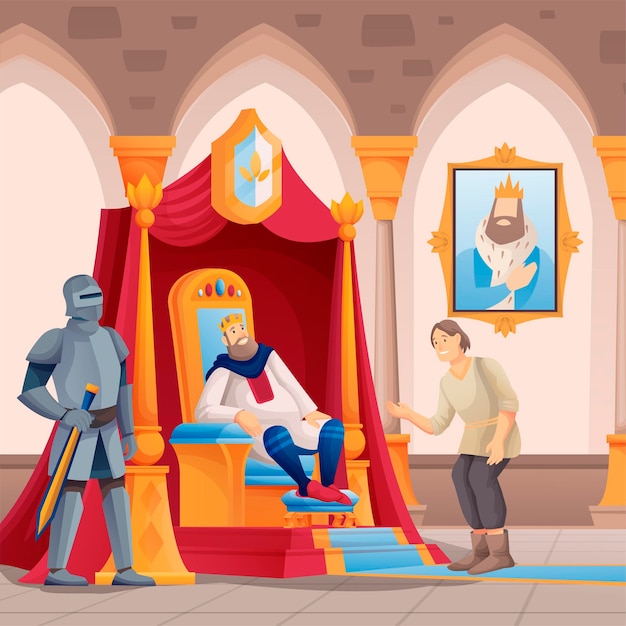 Free vector royal people in castle scene king sitting on throne knight with sword guarding poor man peasant asking in kingdom chamber hall room interior