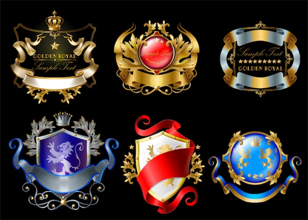 王冠、盾、リボン、ライオン、黒い背景で隔離の星とロイヤルステッカー