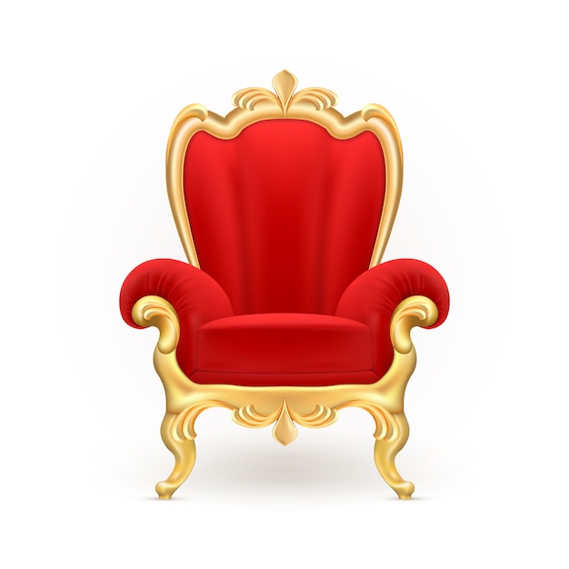왕좌, 배경에 고립 된 새겨진 황금 다리와 고급스러운 빨간 의자.
