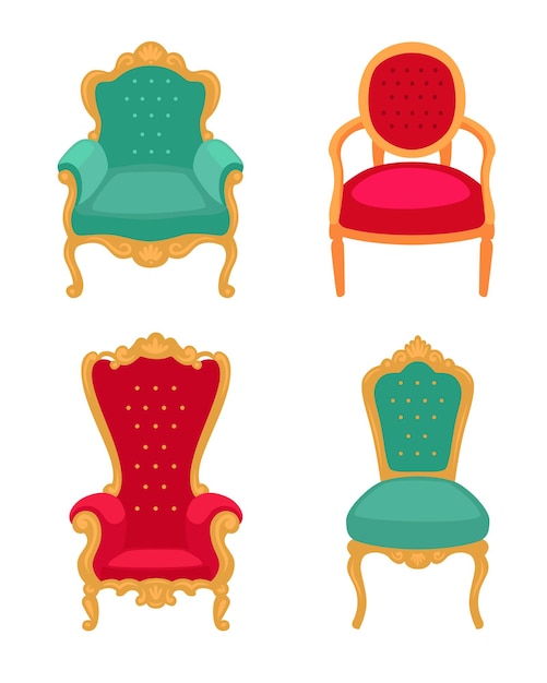 Vettore gratuito set di illustrazioni vettoriali per trono reale. sedie medievali antiche per re e regine isolate su sfondo bianco. fiaba, monarchia, regalità, concetto di arredamento per il gioco o l'interior design