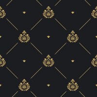 免费矢量皇室婚礼图案无缝背景，线条和金色元素上黑色，矢量插图