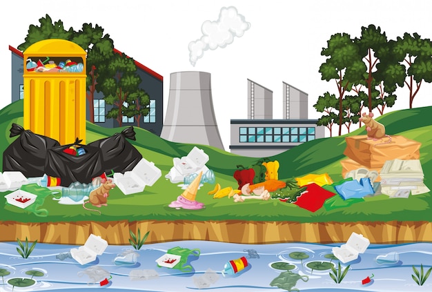 Free vector rubbish in outdoor factory scene