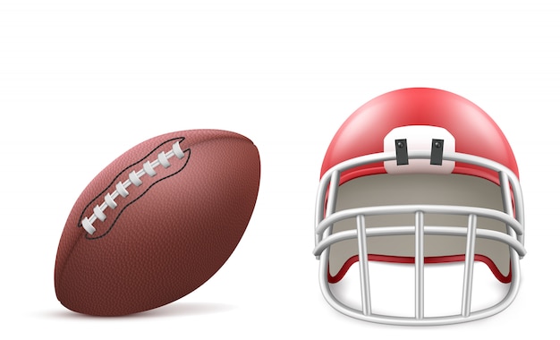 Rugby ball and red helmet with facemask and pad