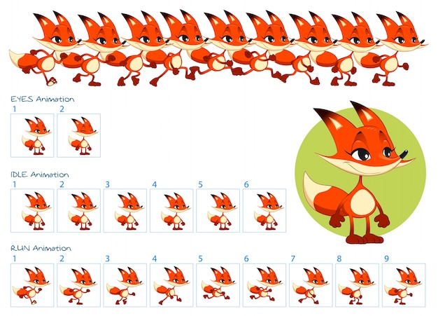 Free vector run, blinking eyes and idle animations of cartoon fox character.