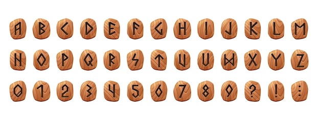Vettore gratuito alfabeto runico su tavolette di legno