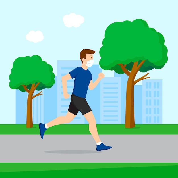 Free vector runner with medical mask outdoors