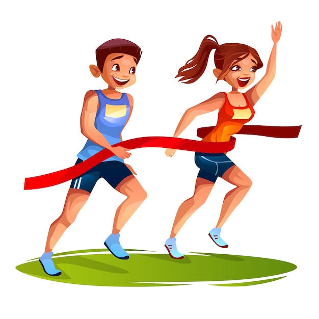 Runners on finish line illustration of young man and woman on sport marathon