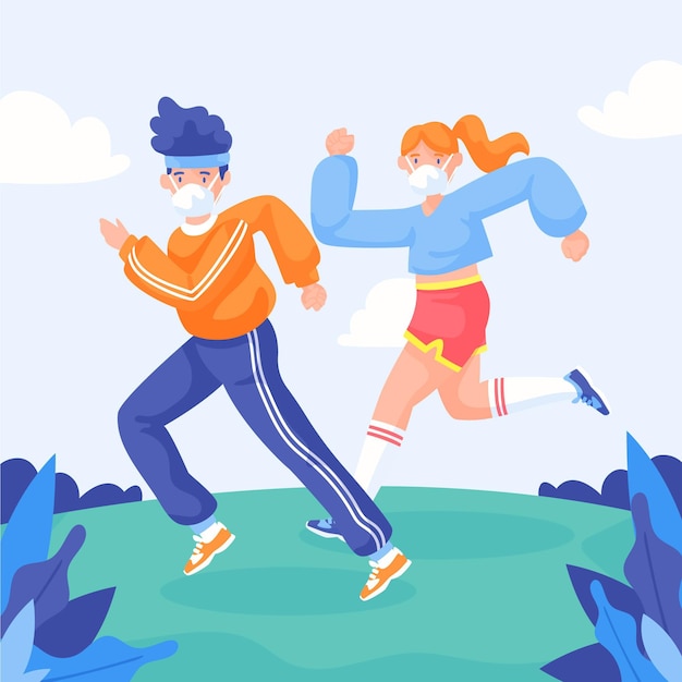 Free vector runners with face masks outdoors