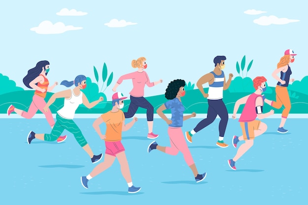 Free vector runners with medical masks concept