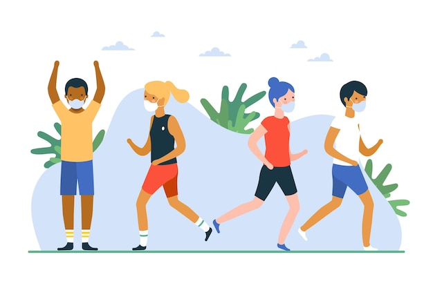 Free vector runners with medical masks