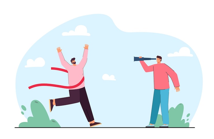 Free Vector running cartoon man with finish line ribbon. male character looking at runner through spyglass flat vector illustration. victory, success, competition concept for banner or landing web page