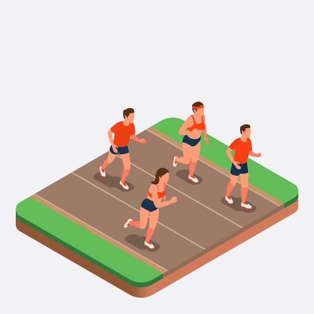 Free vector running people men and women taking part in marathon isometric composition on grey background 3d vector illustration