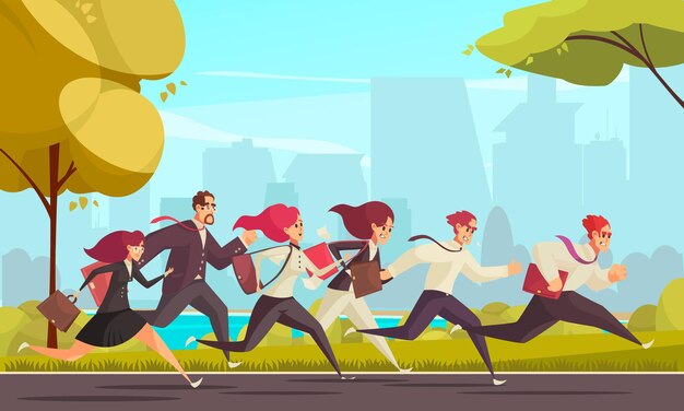 Running people who are late for work at urban skylines cartoon
