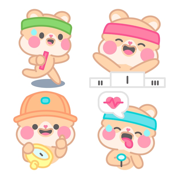 Free vector running stickers collection with kimchi the hamster