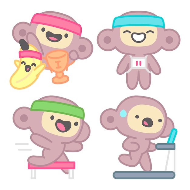 Free vector running stickers collection with monkey and banana