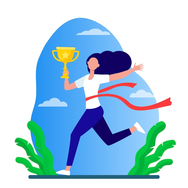 Running woman winning racing. Marathon leader holding cup, crossing line with red ribbon flat vector illustration. Competition, prize, trophy