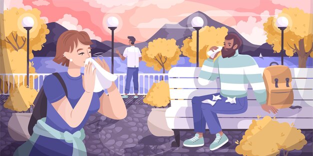 Runny nose flat composition with autumn park outdoor landscape and people blowing their noses with wipes illustration