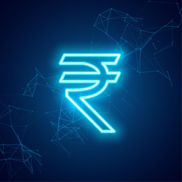 Rupee symbol in blue neon glowing light effect