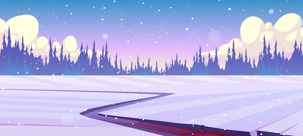冬の野原、道路、針葉樹林のある田園風景。地平線上の雪と木のシルエットのパスと田舎のベクトル漫画イラスト