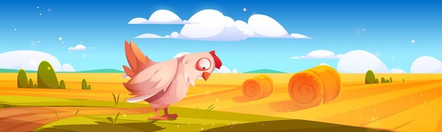 Rural landscape with hay bales on agriculture field and hen on green grass. Vector cartoon illustration of countryside, farmland with round wheat straw rolls, yellow haystacks and chicken