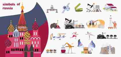 Free vector russia symbol set of isolated compositions with flat isolated icons of narratives sportsmen oil derricks sights vector illustration