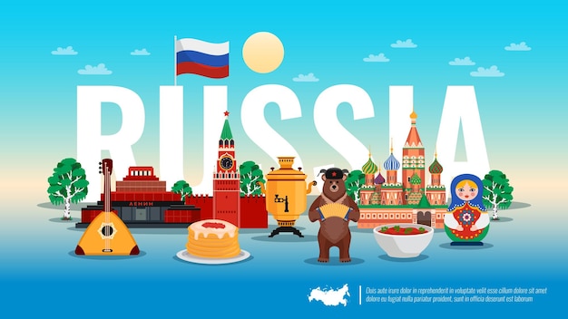 Россия путешествия плоская горизонтальная композиция с блинами икра медвежий борщ свекольный кремль береза