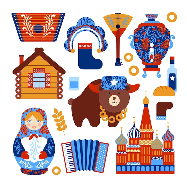 Vettore gratuito set di viaggio russia con set di icone di elementi nazionali set isolato illustrazione vettoriale