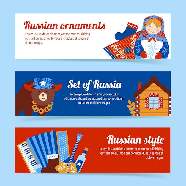 ロシアの旅行のスタイルと装飾品バナーセットの孤立したベクトル図