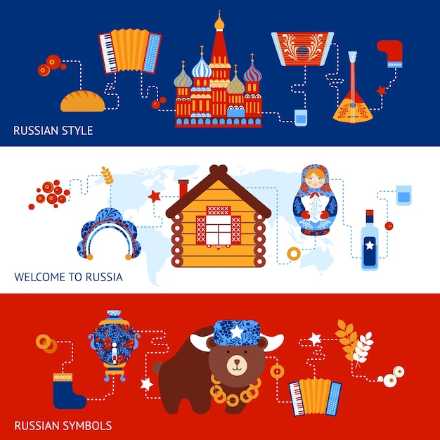 Free vector russia travel style symbols banner set with traditional national elements icons set vector illustration