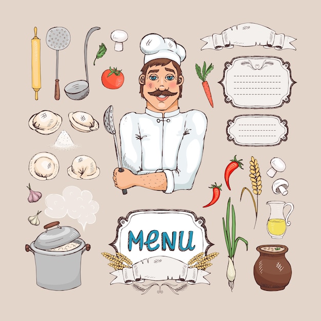 Русская кухня. Шеф-повар, еда, кухонные принадлежности и рамка для меню