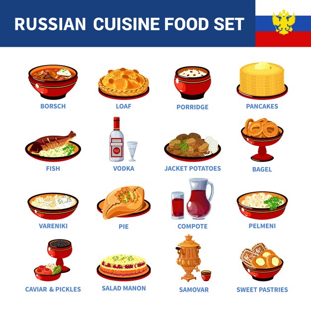  Russian Cuisine Dishes Flat icons Collection 