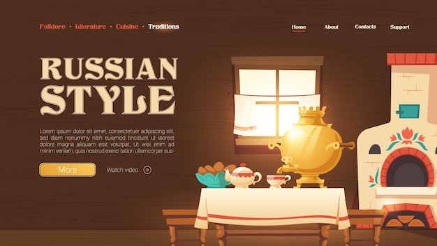 Free vector russian style landing page with kitchen interior