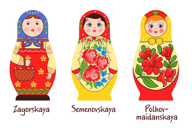 Русская традиционная матрешка из трех отдельных изображений с разными сложенными куклами с разными раскрасками