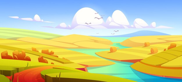 素朴な秋の牧草地の風景、田舎の黄色い畑