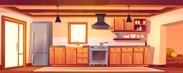 木製の家具と素朴なキッチンの空のインテリア