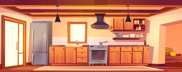 木製の家具と素朴なキッチンの空のインテリア