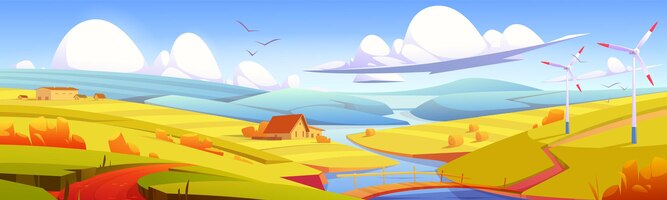 Бесплатное векторное изображение Деревенский пейзаж луг сельское поле с мостом через речные стога сена и хозяйственные постройки параллакс эффект ...