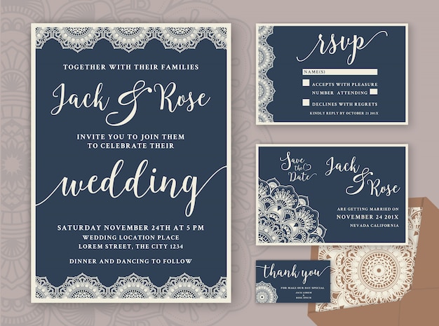 無料ベクター rustic wedding invitationデザインテンプレート。 rsvpカード、日付カード、タグありがとうございます。ヴィンテージラウンドマンダラオーナメント