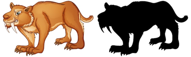 Free vector sabertooth characters and its silhouette on white background