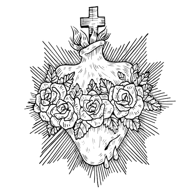 Sacro cuore religioso in bianco e nero