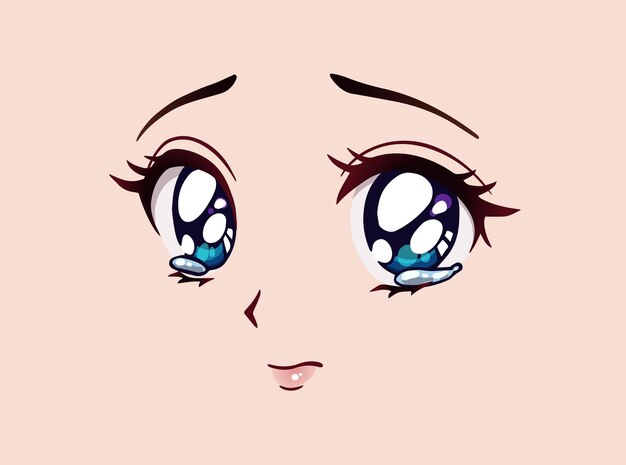 幸せなアニメの顔 マンガ風の大きな青い目 小さな鼻 大きなカワイイ口 彼女の目には黄色が輝いています 手描きイラスト プレミアムベクター