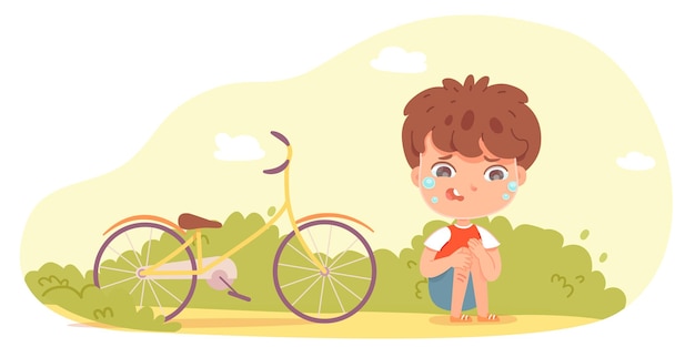 悲しい泣いている男の子が自転車から落ちた公園のputdoorの足で地面に座っている小さな子供が痛みで痛い休日の問題でトラブルに乗って悲しい動揺した子供